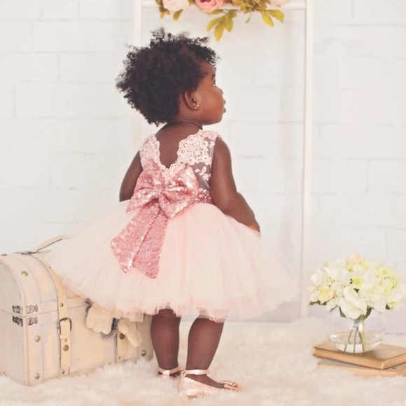 NWT Sparkling Bling Sequin Bow Pink Baby Dress Wedding Flower Girl Birth… - Picture 7 of 14